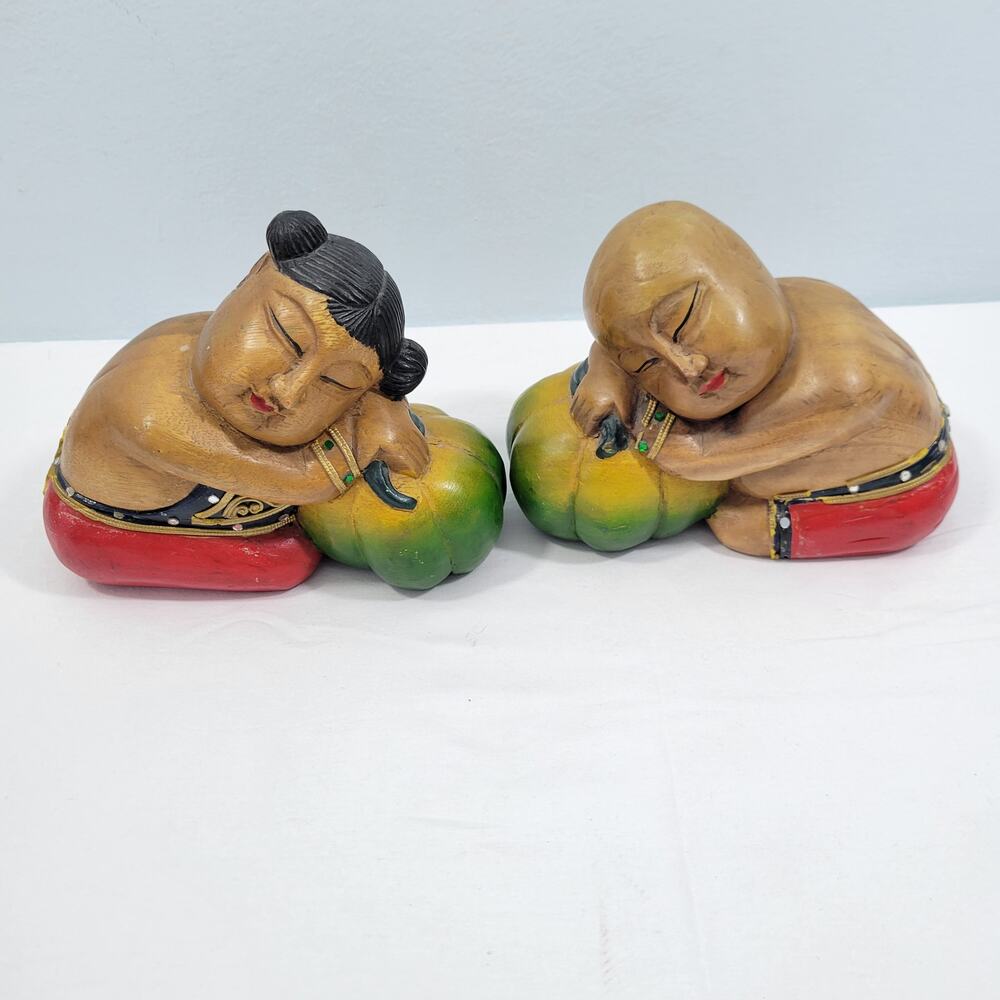 Vintage Asian Hand Painted/Wood Carved Man & Woman Sleeping on Melon 61723-3M1